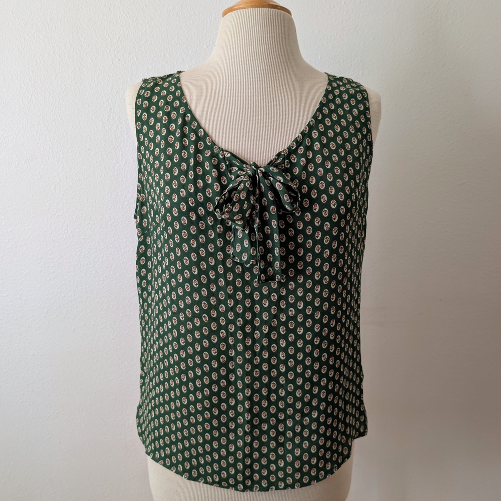 Modcloth Green Patterned Tie-Neck Sleeveless Blouse